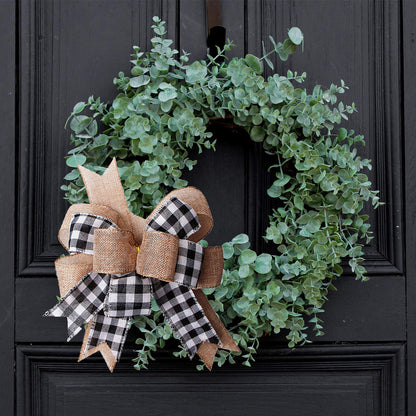 Black White Buffalo Plaid Burlap Wreath Bow Double Layed Gift Bows Wreath Bow Wall Ornaments Christmas Tree Topper Bows for Holiday Home Front Door Decorations, 12 x 9.4 inch