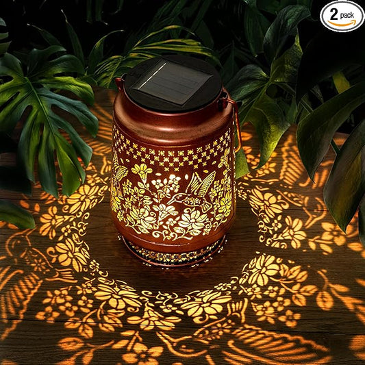 Boho Solar Lanterns Outdoor Birthday Gifts for Women Mom Grandma Metal Hanging Solar Powered Unique Garden Decorative LED Lights (Fengming)