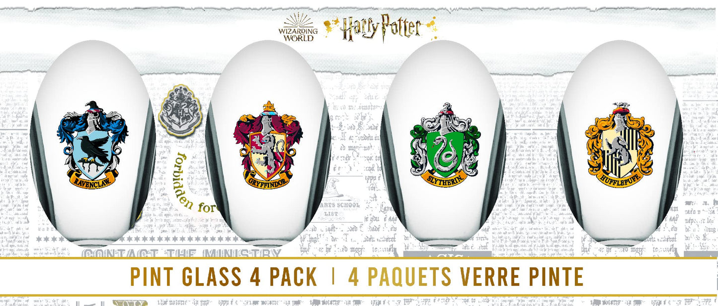 Harry Potter Pint Glass Set - Includes House Crests: Gryffindor, Slytherin, Hufflepuff, & Ravenclaw -16 oz. Capacity - Set of 4 Glasses