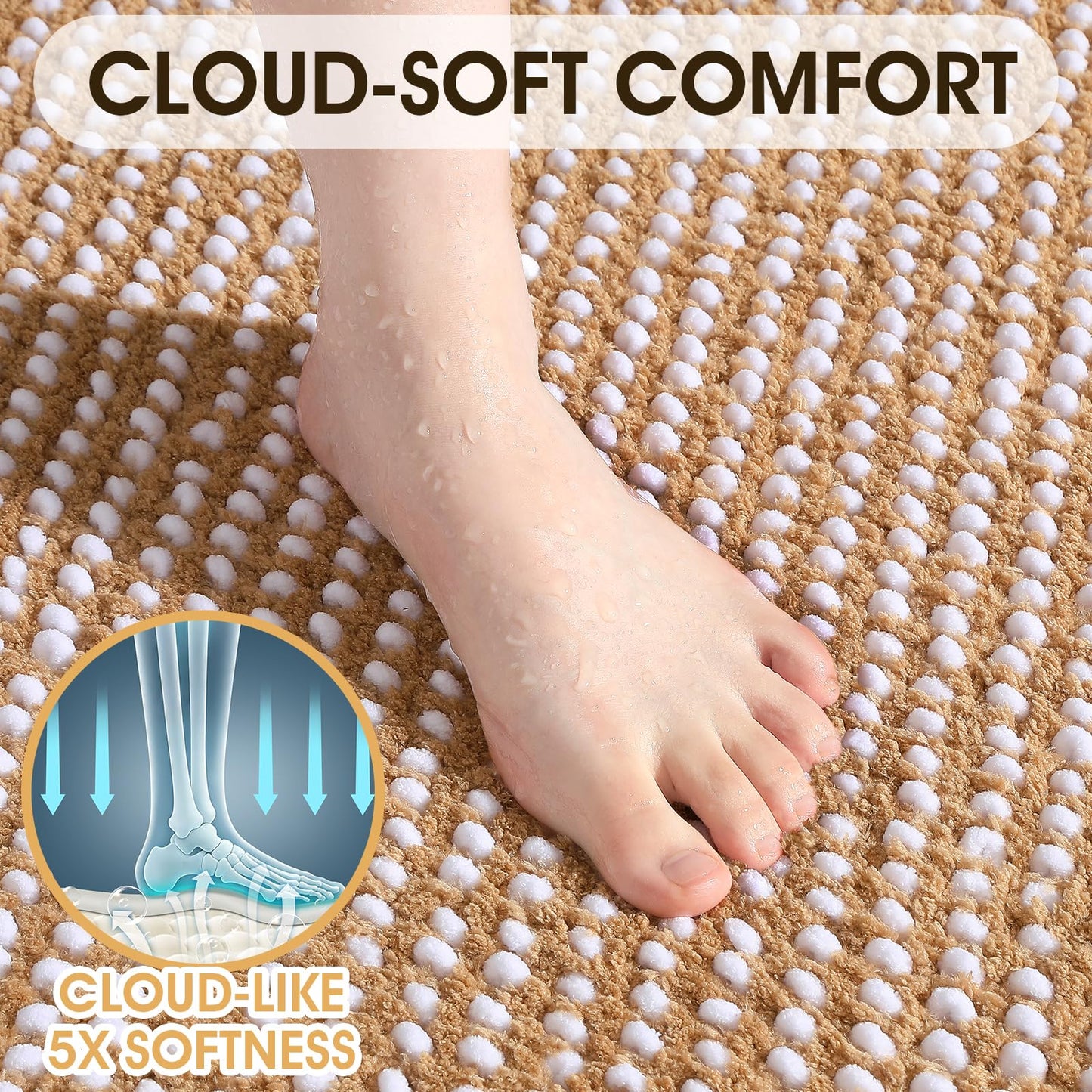 ACCUMTEK Chenille Spliced with Fluffy Cut Pile Absorbent Bath Mat, Thick Plush Bath Rug - Ultra Soft Skin-Friendly, Machine Washable Non-Slip Toilet Mat Set 3 Piece, Beige & White