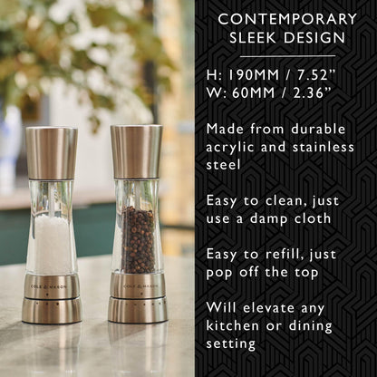 Cole & Mason Derwent Salt and Pepper Mills, Adjustable Grind Settings, Gourmet Precision+, Stainless Steel/Acrylic, 190 mm, Gift Set, Includes 2 x Salt and Pepper Grinders
