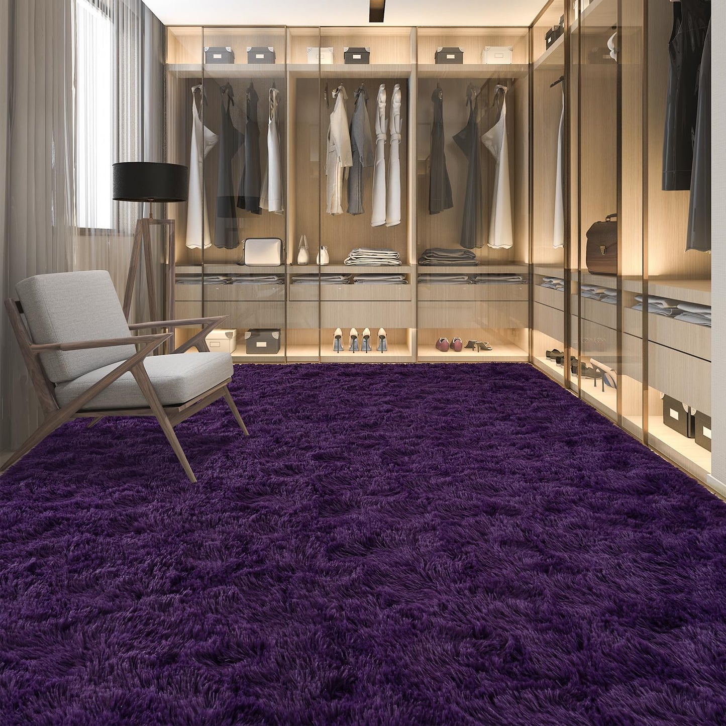 Rtizon Shag Area Rug for Bedroom, 4x6 Feet Fluffy Rugs for Girls Boy's Bed Bedside, Plush Carpet with Non-Slip Bottom for Living Room Office Dorm Nursery Room, Dark Purple
