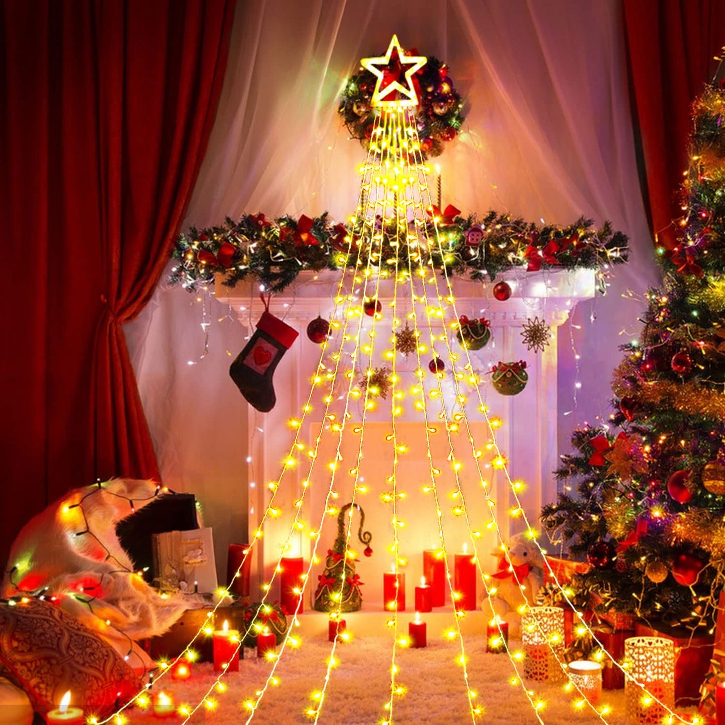 MUYUN Waterfall Christmas String Lights with 317 LED Star Hanging Twinkle Fairy Curtain Lights for Party Wedding Patio Indoor Outdoor Decorative Water Flow Lights