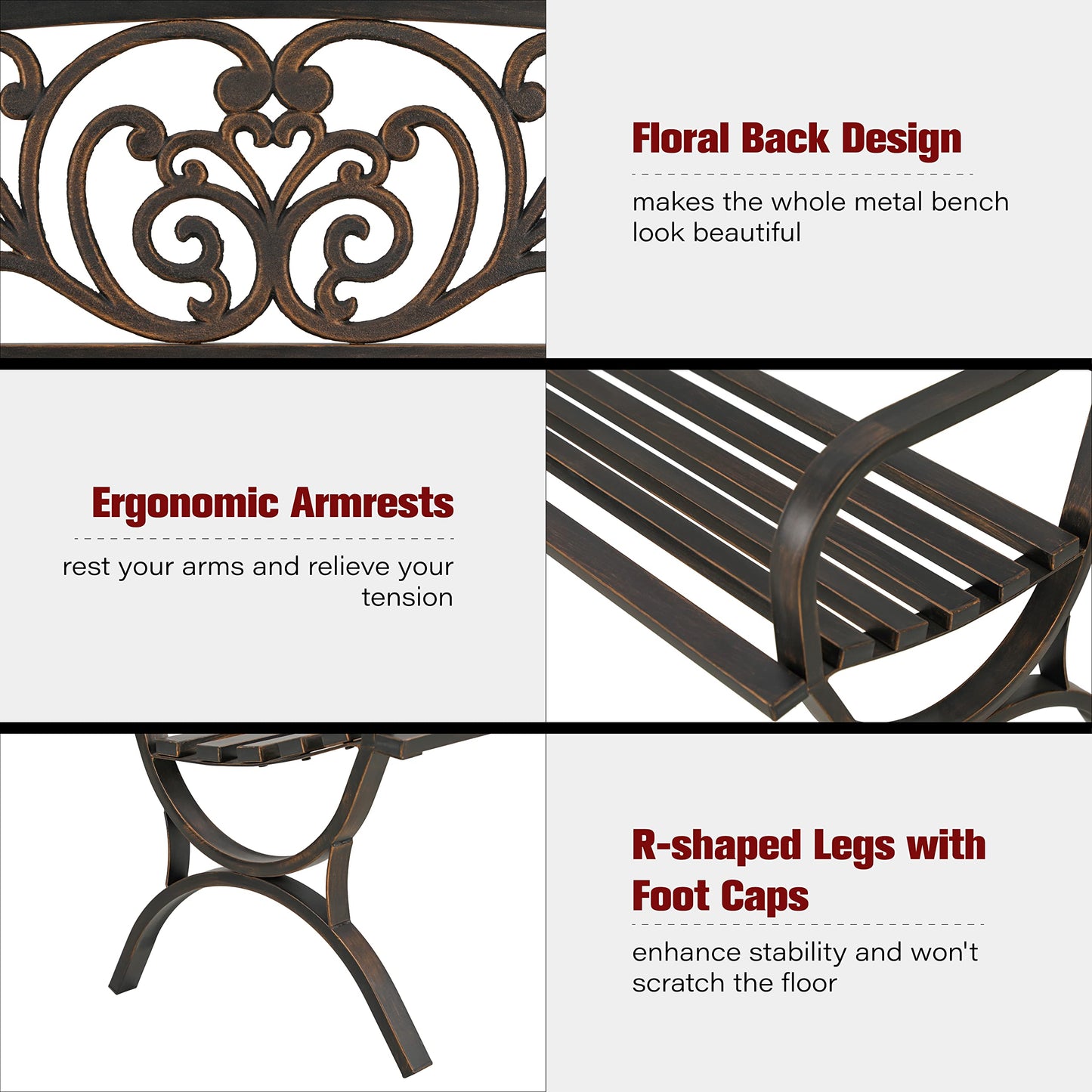 Sophia & William Metal Outdoor Bench, 50" Outdoor Garden Bench Patio Park Bench, Cast Iron Park Benches for Outside with Floral Design Backrest, Bronze