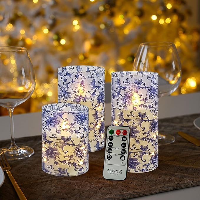 Flickering Flameless Candles Blue and White Porcelain Print, Embedded Star String Lights, Battery Operated Acrylic LED Pillar Candles with 11-Key Remote and Timer for Home Decoration, 3 Pack