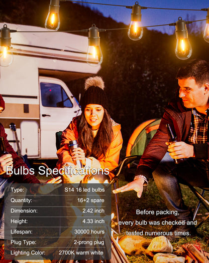 Jerritte 60FT LED Outdoor String Lights with 16+1 Edison Shatterproof IP65 Waterproof Bulbs, 2700K Dimmable Commercial Grade Patio Lights for Garden, Porch, Deck Decor