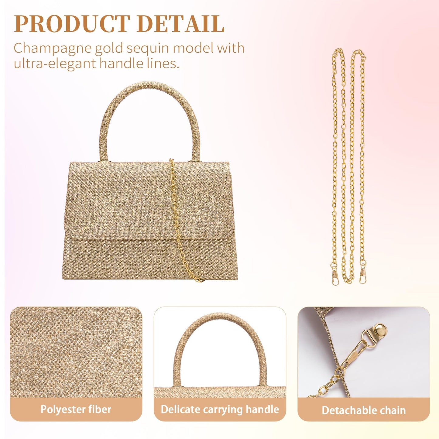 Larcenciel Women's Clutches, Sparkly Champagne Gold Handbags for Women w/Detachable Chain, Top Handle Evening Clutch Bag, Elegant Crossbody Purse Shoulder Bag for Party Prom Wedding, 20x5x13cm