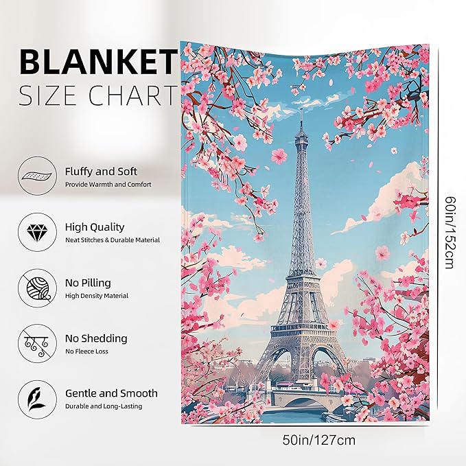 Blanket Eiffel Tower Lightweight Soft Throw Blanket for Girls Teens Women, Cherry Blossoms Fuzzy Blanket Home Room Decor 50x60 Inches