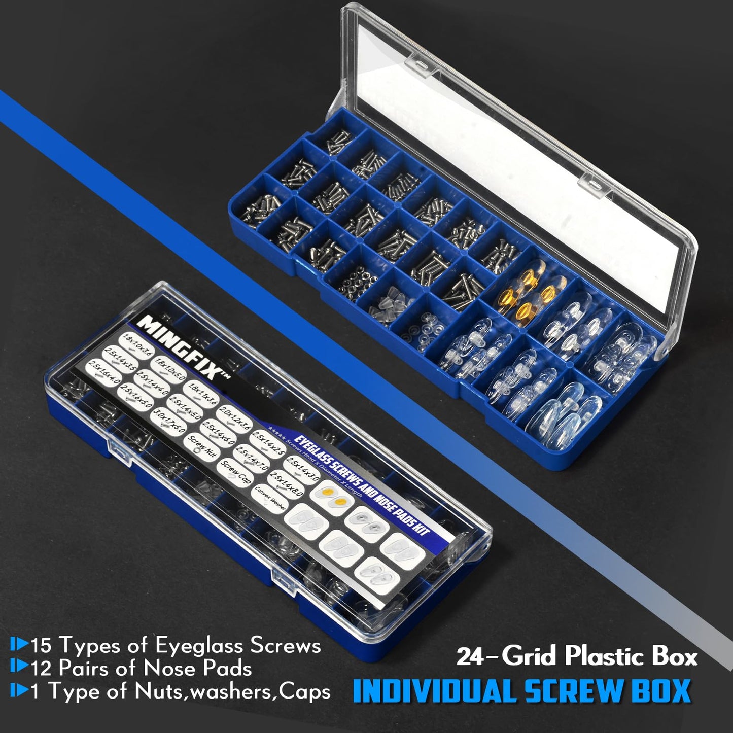 Eyeglass Sunglass Repair Kit,MINGFIX Magnetic Eye Glasses Repairing Tool Kit with Assorted Screws,Nose Pads,Small Screwdriver Bit Set & Tweezer with Mini Travel Case for Glasses,Sunglasses and Others