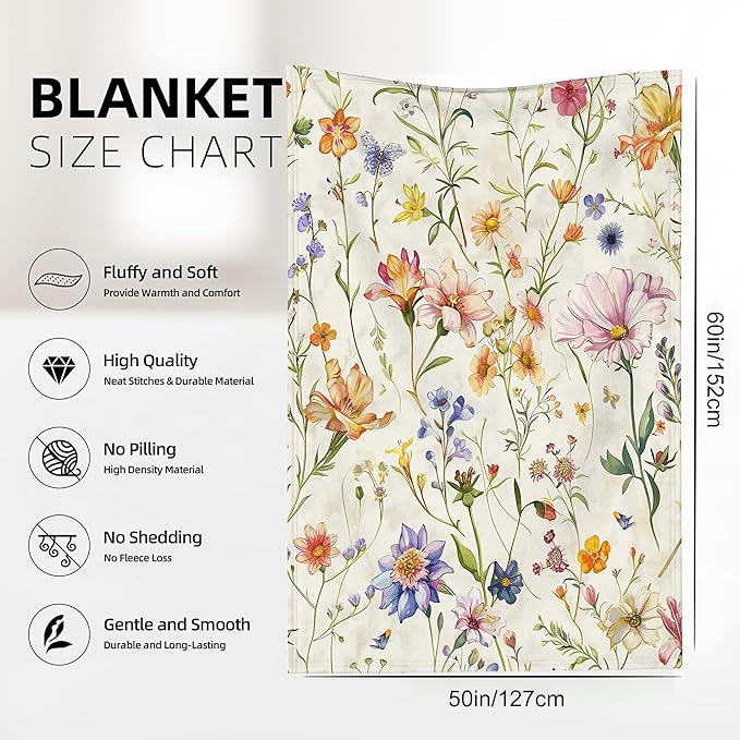 Garden Wildflowers Throw Blanket, Spring Blanket Throw for Adults, Lightweight Soft Cozy Blanket for Couch Sofa Bed Room Decor 50x60 Inches