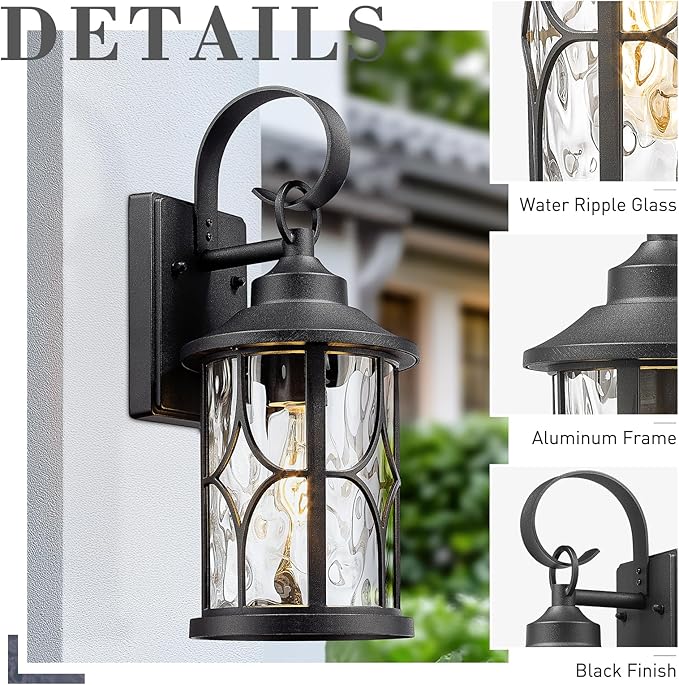 zeyu 2 Pack Industrial Wall Mounted Lights, 16 Inch Outdoor Wall Sconce Lantern, Die-Cast Aluminum, Black Finish with Water Ripple Glass, ZX111B-2PK BK-WG