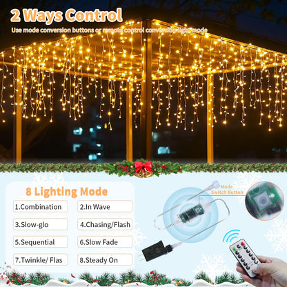 Christmas Icicle Lights Outdoor, 75.5 FT 600 LED 8 Modes Icicle String Lights with 120 Drops, Plug in Icicle Lights Waterproof with Remote Timer for Party, Wedding, Christmas Decorations - Warm