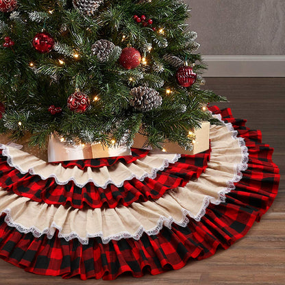 yuboo Burlap Buffalo Plaid Christmas Tree Skirt 48 inches, Red Farmhouse 6-Layer Ruffle Tree Skit with Lace Border for 5-7 FT Trees, Fall Thanksgiving Christmas Decorations