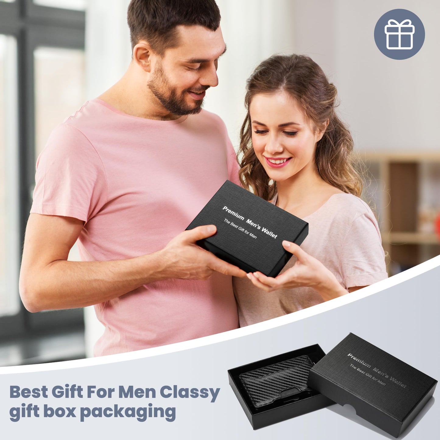 Airzoo Wallet for Men, RFID Blocking Slim Mens Wallet with Money Clip, Minimalist Pop Up Card Case, ID Window, 9-11Cards Capacity, Bifold Leather Front Pocket Wallet with Gift Box (Black-Carbon Fiber)