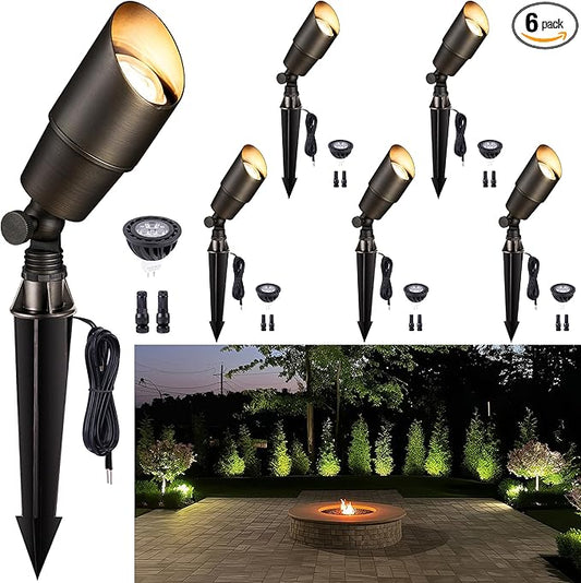 Gardenreet Solid Brass Spot Lights - Low Voltage Landscape Spotlight Outdoor, 12V LED Uplights Wired Waterproof, Electric Bronze for Patio Wall with 2700K Warm White MR16 Bulb (6 Pack)