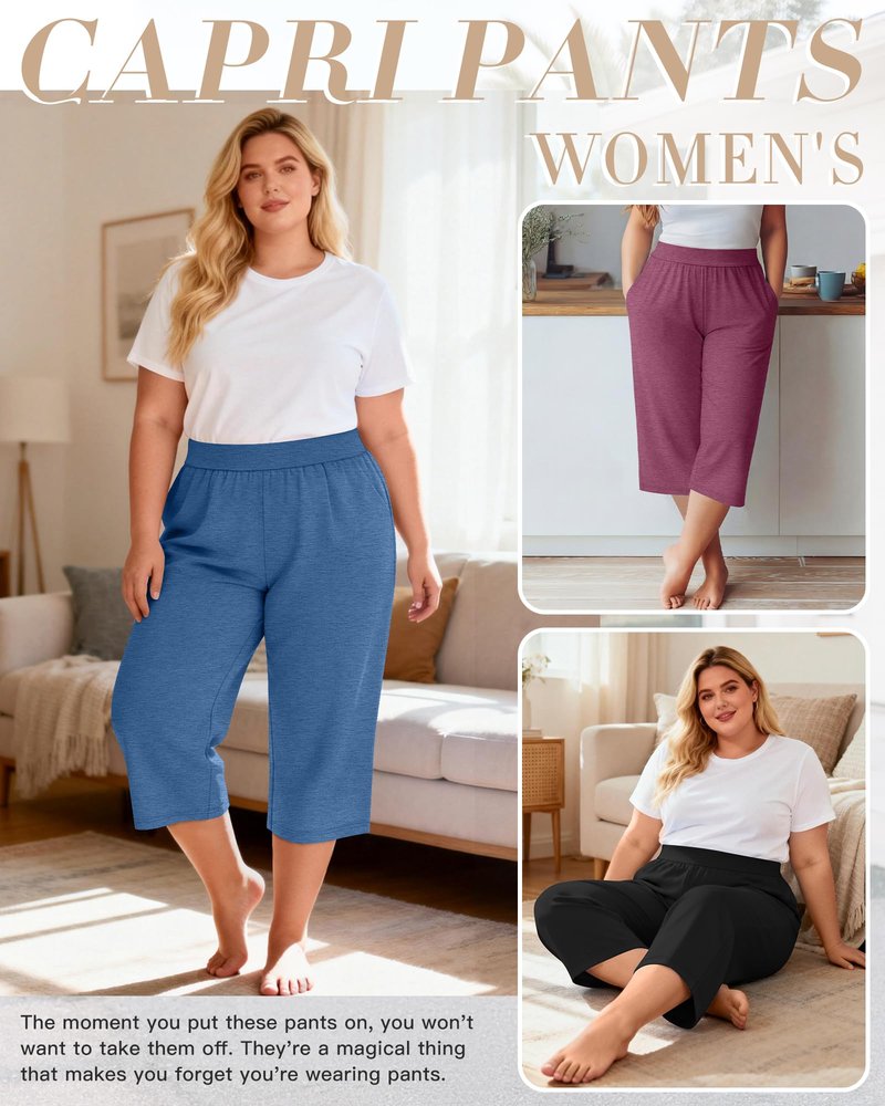Huukeay 3 Pack Women's Plus Size Capri Pants Loose Fit Wide Leg Capris Sweatpants Summer High Waisted Yoga Pants with Pockets(Black, Blue, Wine Red,4X-Large)