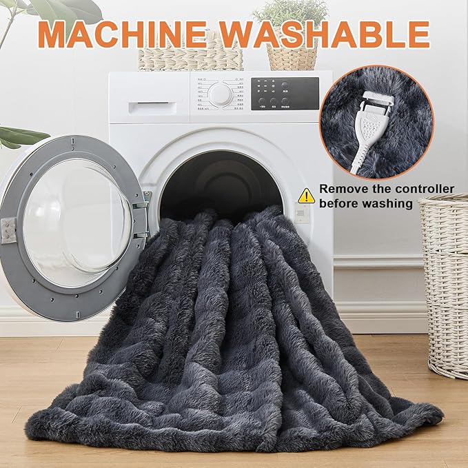 Heated Blanket Electric Throw Blanket 72''X 84''-Heating Blanket with 6 Heat Settings-10 Hours Auto Off,Cozy Faux Rabbit Fur Bubble Electric Blanket,Dark Gray