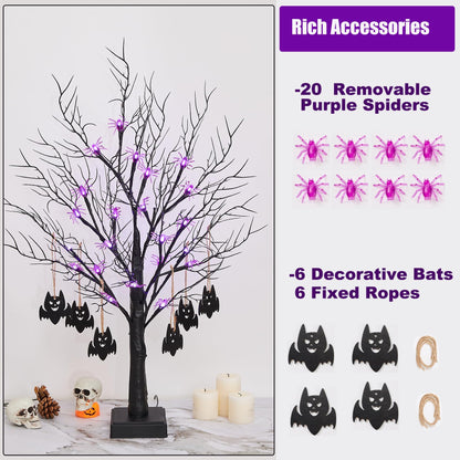 Beterzack 2FT Black Halloween Tree, Spooky Tree with 20 Spider & 24 Purple Lights and 6 Bat Decorations Battery Powered Tabletop Bonsai Tree Decoration for Halloween and Indoor