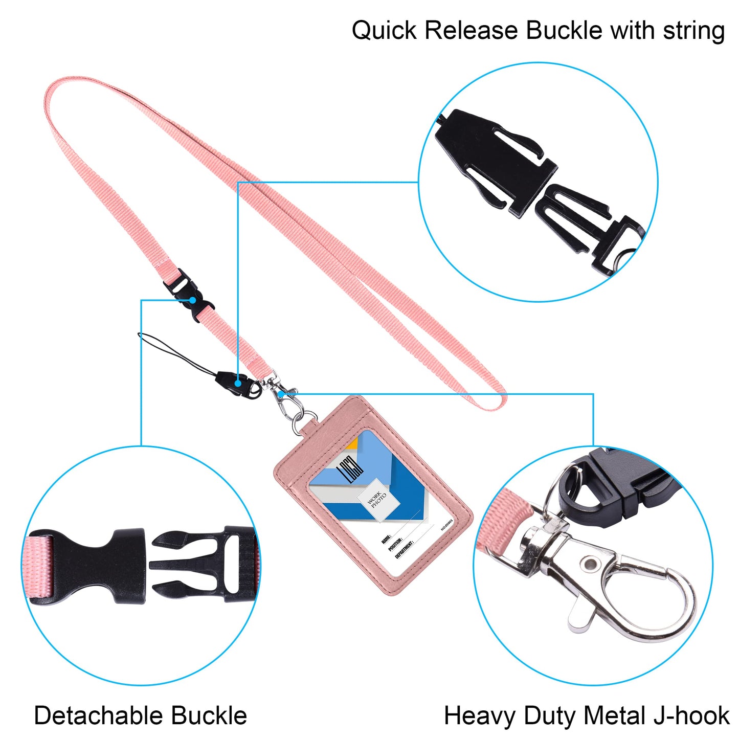 Badge Holder, Wisdompro 2-Sided PU Leather ID Badge Card Holder Wallet Case with 1 Clear ID Window and 1 Credit Card Slot and 22 Inch Quick Rlease Detachable Neck Lanyard Strap-Rose Gold (Vertical)