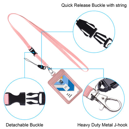 Badge Holder, Wisdompro 2-Sided PU Leather ID Badge Card Holder Wallet Case with 1 Clear ID Window and 1 Credit Card Slot and 22 Inch Quick Rlease Detachable Neck Lanyard Strap-Rose Gold (Vertical)