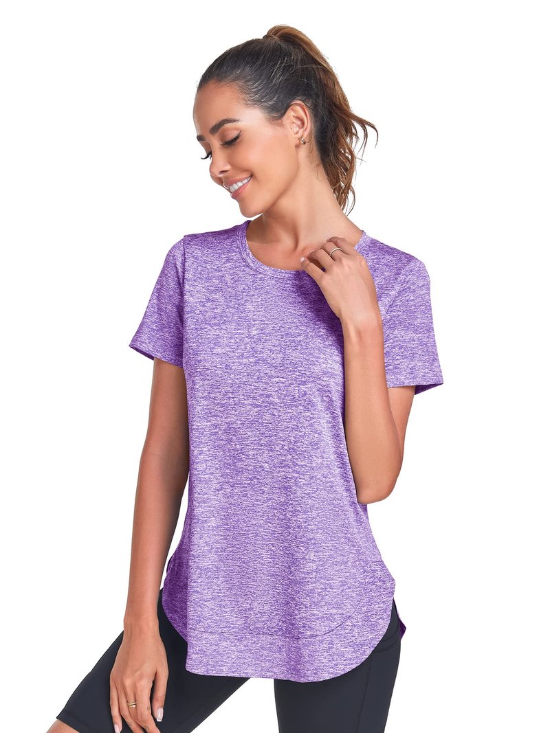 Absttith Short Sleeve Workout Tops for Women Athletic Casual Shirts Quick Dry Gym Soprt Tee Side Split Purple Large