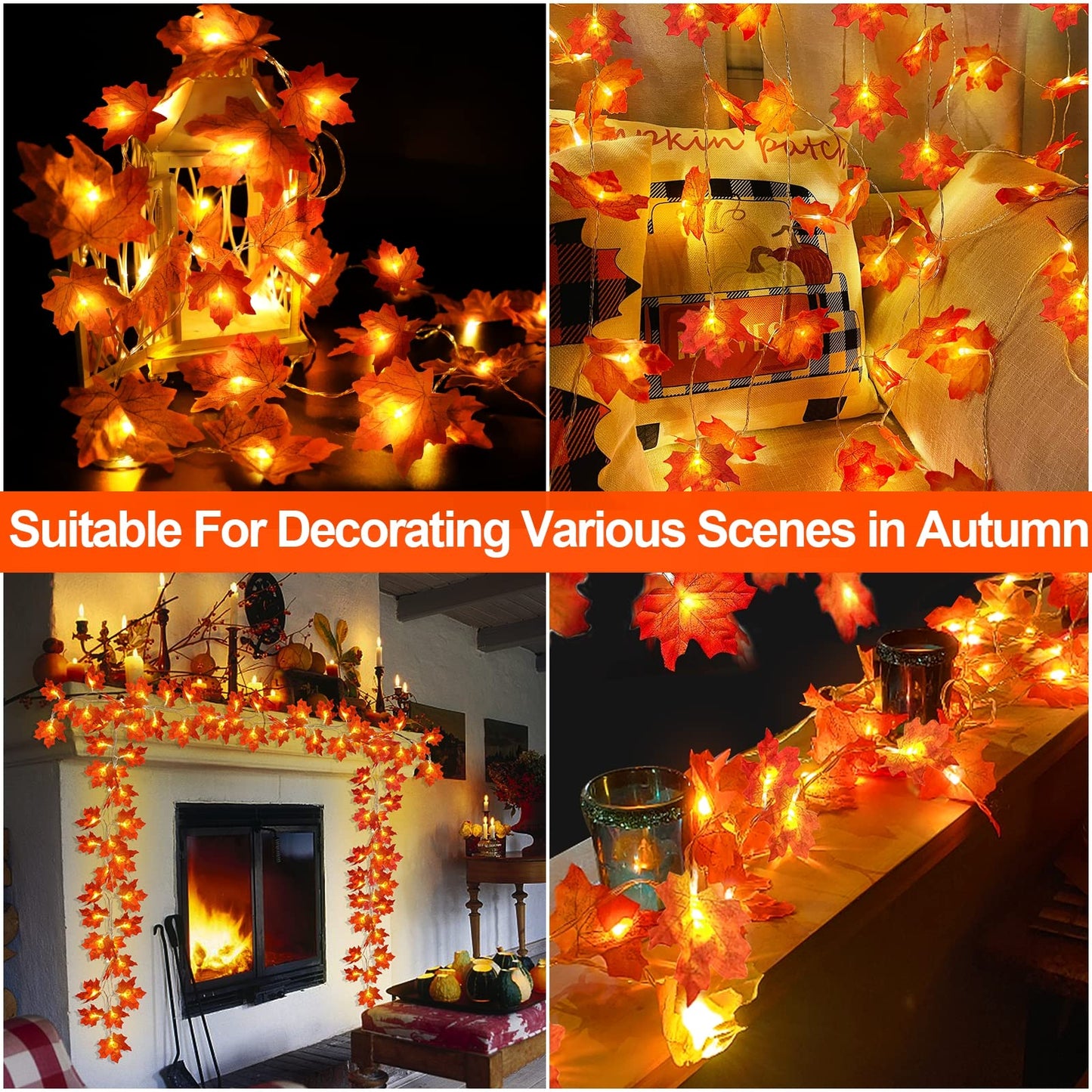TURNMEON 2 Pack Fall Decor Enlarged Maples Leafed Lights Total 20Ft 40LED Thanksgiving Halloween Fall Decorations for Home,Battery Operated Autumn Garland Waterproof Indoor Outdoor Holiday Christmas