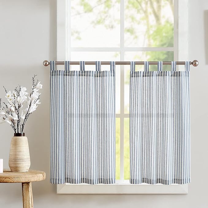 jinchan Tab Top Linen Kitchen Curtains 36 Inches Striped Tier Curtains Farmhouse Modern Cafe Style Small Window Treatments Airy Light Filtering Rod Pocket for Living Room Bathroom 2 Panels Blue