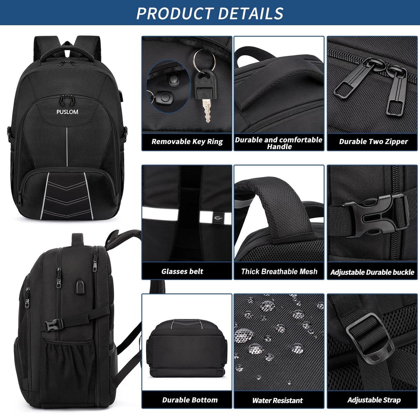 Extra Large Backpack 55L,18.4 Inch Travel Laptop Work Bag with USB Charging Port Big Business Flight Approved TSA Heavy Duty Computer Rucksack for Men Women College School,Black