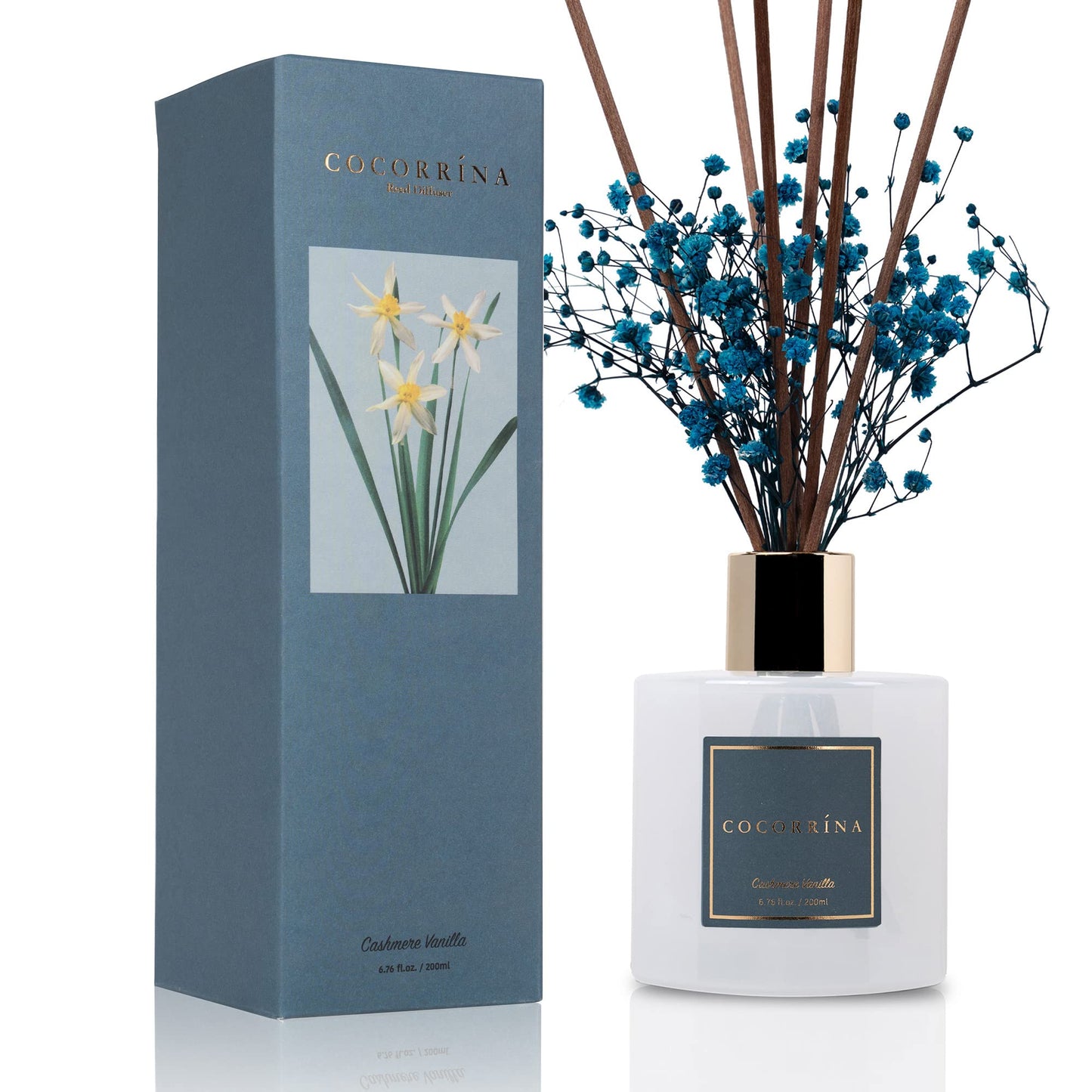 Cocorrína Premium Reed Diffuser Set with Preserved Baby's Breath & Cotton Stick Cashmere Vanilla | 6.7 fl oz Scent Fragrance Oil Diffuser for Bedroom Bathroom Home Décor