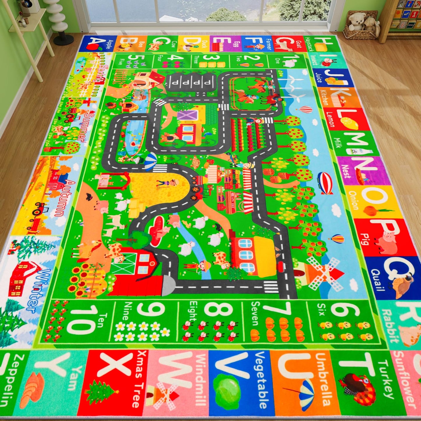 DINSUMRUG Kids Rugs for Toy Cars Playroom 59"×39.4" ABC Farm Life Road Traffic Kids Car Road Rugs Village Map Play Mat for Boys Room Family Tummy Time Playtime Learning Carpet