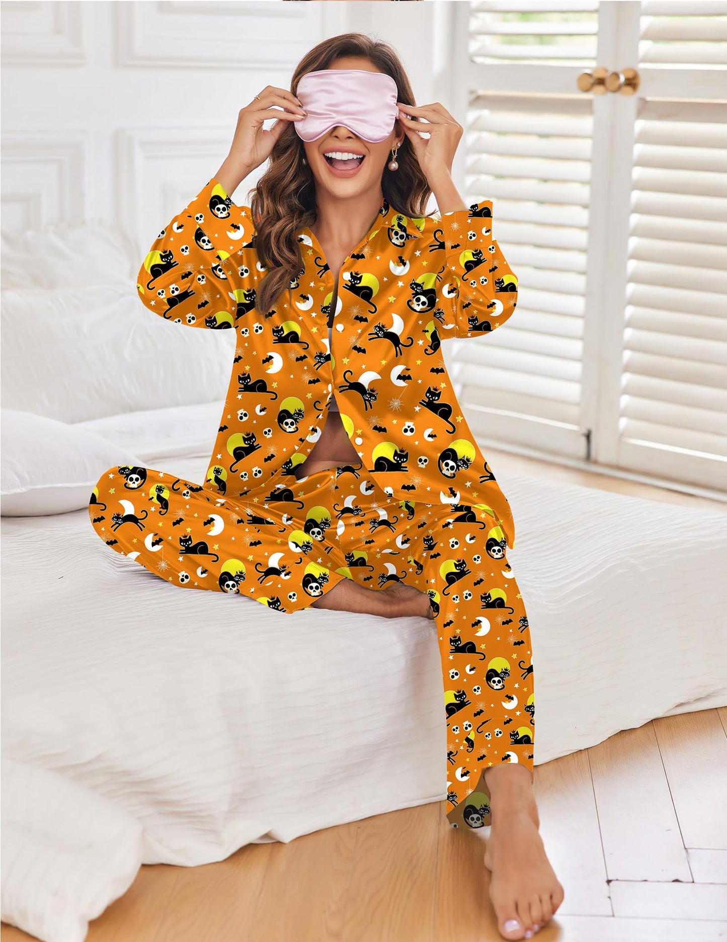 Ekouaer Silk Pajamas for Women Classic Button Down Pj Sets Satin Sleepwear Comfy Long Sleeve Loungewear Halloween M