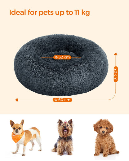 Feandrea Fluffy Dog Bed, Cat Bed, Doughnut Cushion, Washable, Removable Padding in The Centre, Long Plush, 60 cm Diameter, Dark Grey PGW038G02