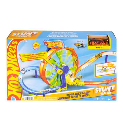 Hot Wheels Toy Car Track Set, Launch and Loop Playset & 1:64 Scale Die-Cast Vehicle, Crash Area on Figure 8 Track with Loop-Kicker Booster, JBX65