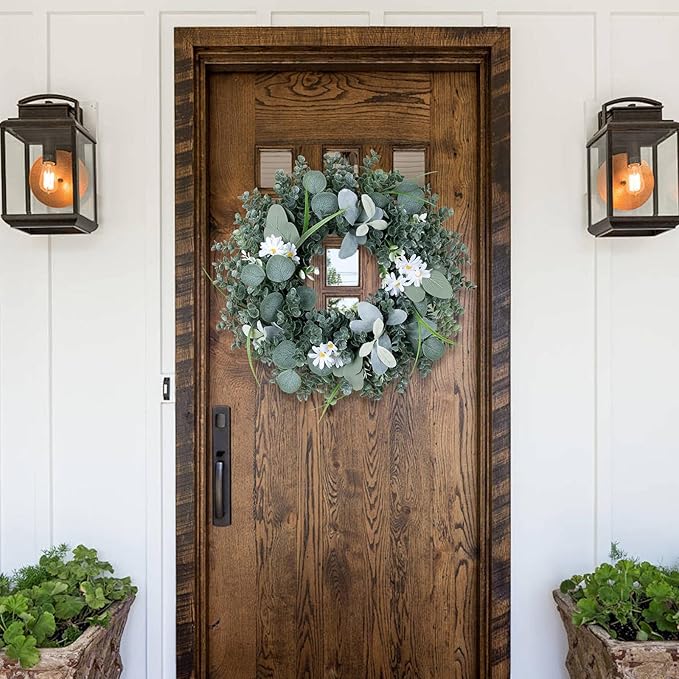 Door Wreath Green Eucalyptus for Front Door Wreaths Spring Summer Wreath Artificial Leaves Wreaths for All Season Home Farmhouse Porch Year Round Outdoor Wall Decorating,20 Inch
