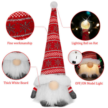 BAODLON Christmas Gnome Decorations with Light, 13.4 Inches Set of 2 Knitted Hat Nisse Figurine Plush Swedish Nordic Tomte Scandinavian Elf X'Mas Holiday Party Home Table Decor Ornaments (Red & Grey)
