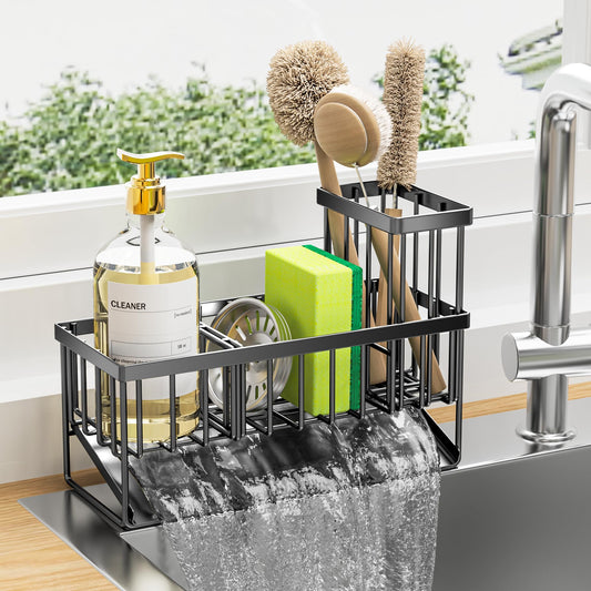 Cisily Kitchen Sink Caddy Organzier with High Brush Holder, Sponge Holder for Sink, 304 Rustproof Stainless, Kitchen Countertop Soap Dispenser Organizer, Kitchen Decor and Accessories