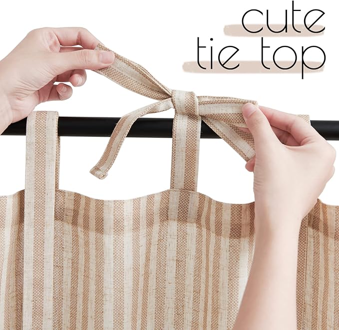 jinchan Tie Top Linen Kitchen Curtains 24 Inch Length Striped Tier Curtains Ticking Stripe Small Drapes for Living Room Bathroom Cafe Small Window Farmhouse Rustic Rod Pocket 2 Panels Tan