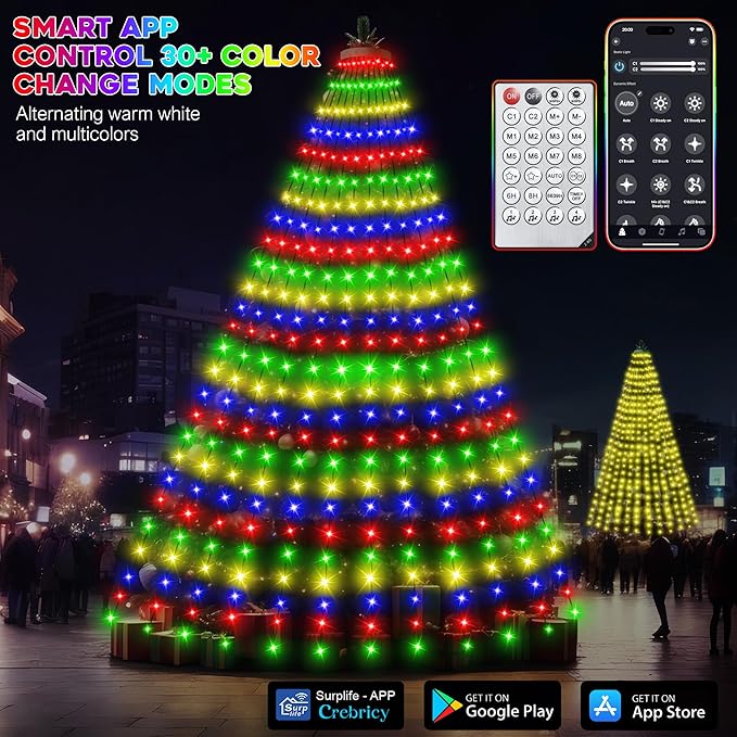 30+ Modes Ring Christmas Tree Lights Indoor Outdoor - 7.05Ft x 12 Lines 312 LED Easy App Control Color Changing Timer Remote Waterproof for 6 7 Ft Xmas Trees (Warm White to Multicolor)