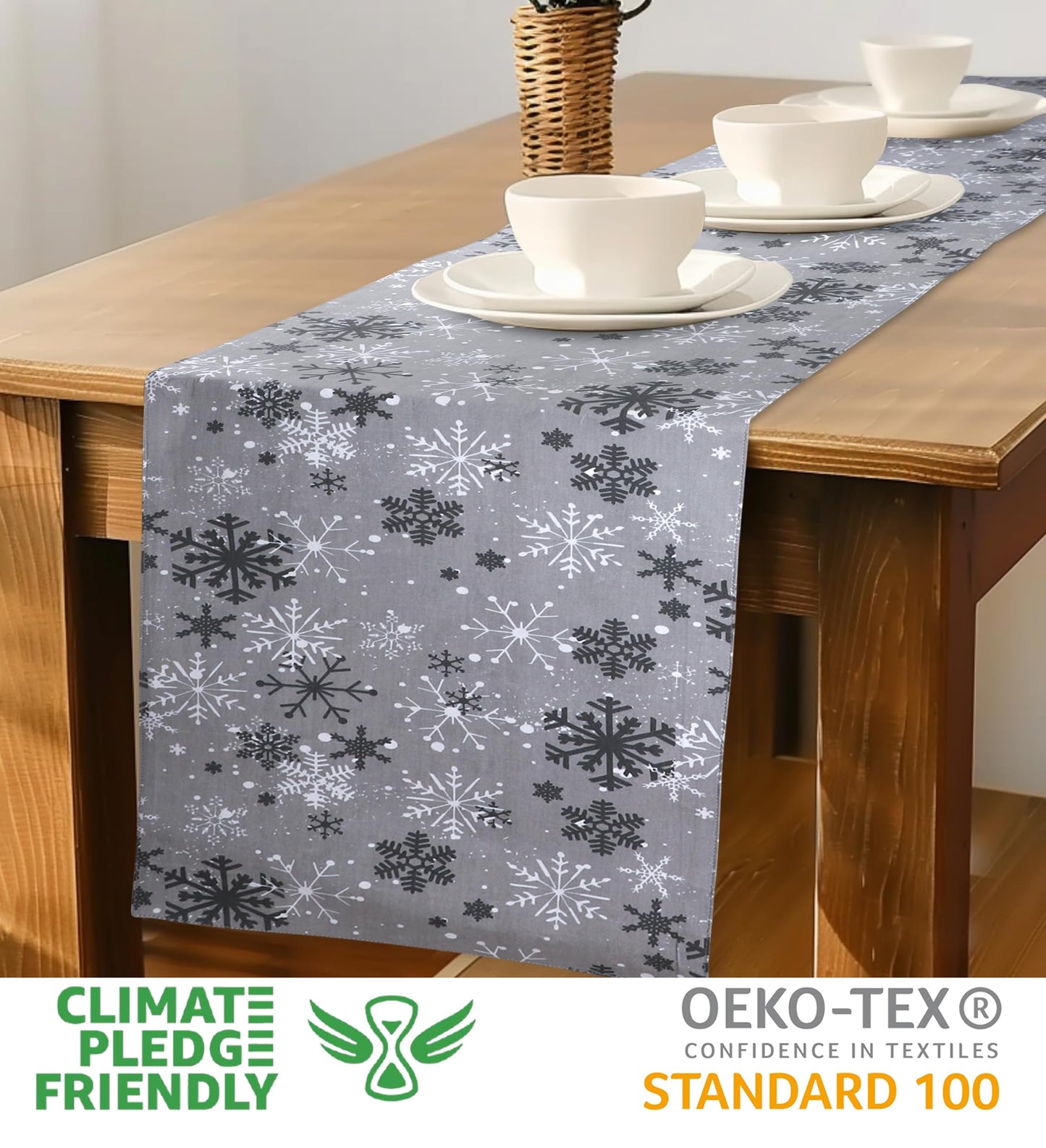 Urban Villa Christmas TableRunner Grey Snowflake Table Runner 14”x72” 100% Cotton Over Sized Runner Heavier Quality Table Runner for Christmas Celebrations Dining WeddingDinner Parties Everyday Use