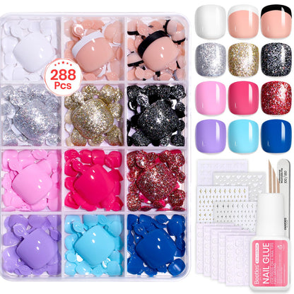 Beetles Press on Nails Kit 720Pcs 24 Colors, Press on Nails Short Almond Glossy Matte Glitter With Nail Glue & Nail Tabs Stickers, Natural Fit Lightweight Fake Nails Kit Art For Women Girls