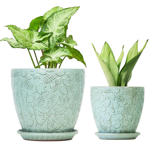 Bestseler 8 Inch + 6 Inch Plant Pots for Indoor Plants, Ceramic Planter with Drainage Hole and Saucers, Garden Pots for Succulent, Orchid, and Flower, Set of 2