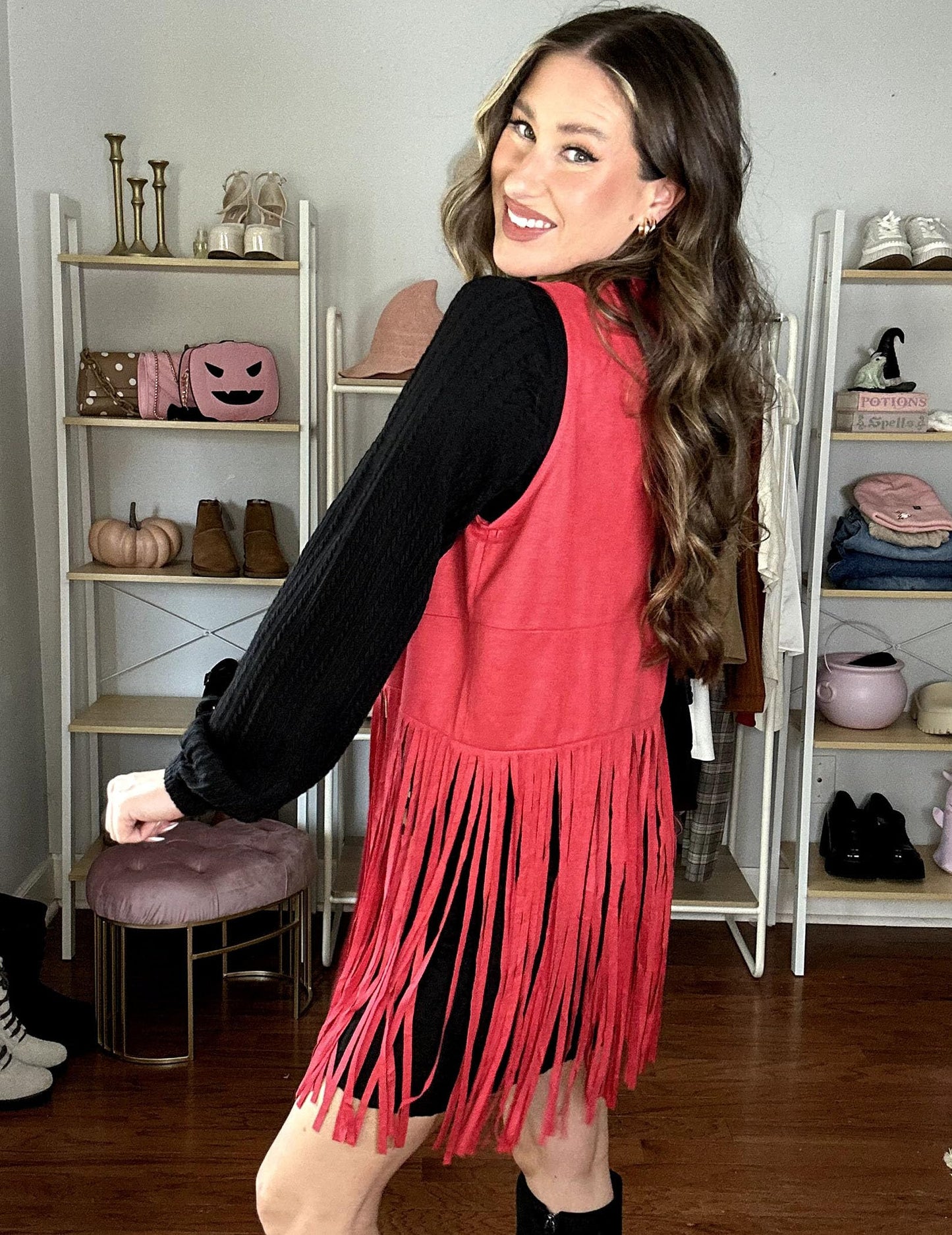 HOTOUCH Women Fringe Vest 70s Hippie Costume Faux Suede Sleeveless Tassels Cardigan Cowgirl Western Tops