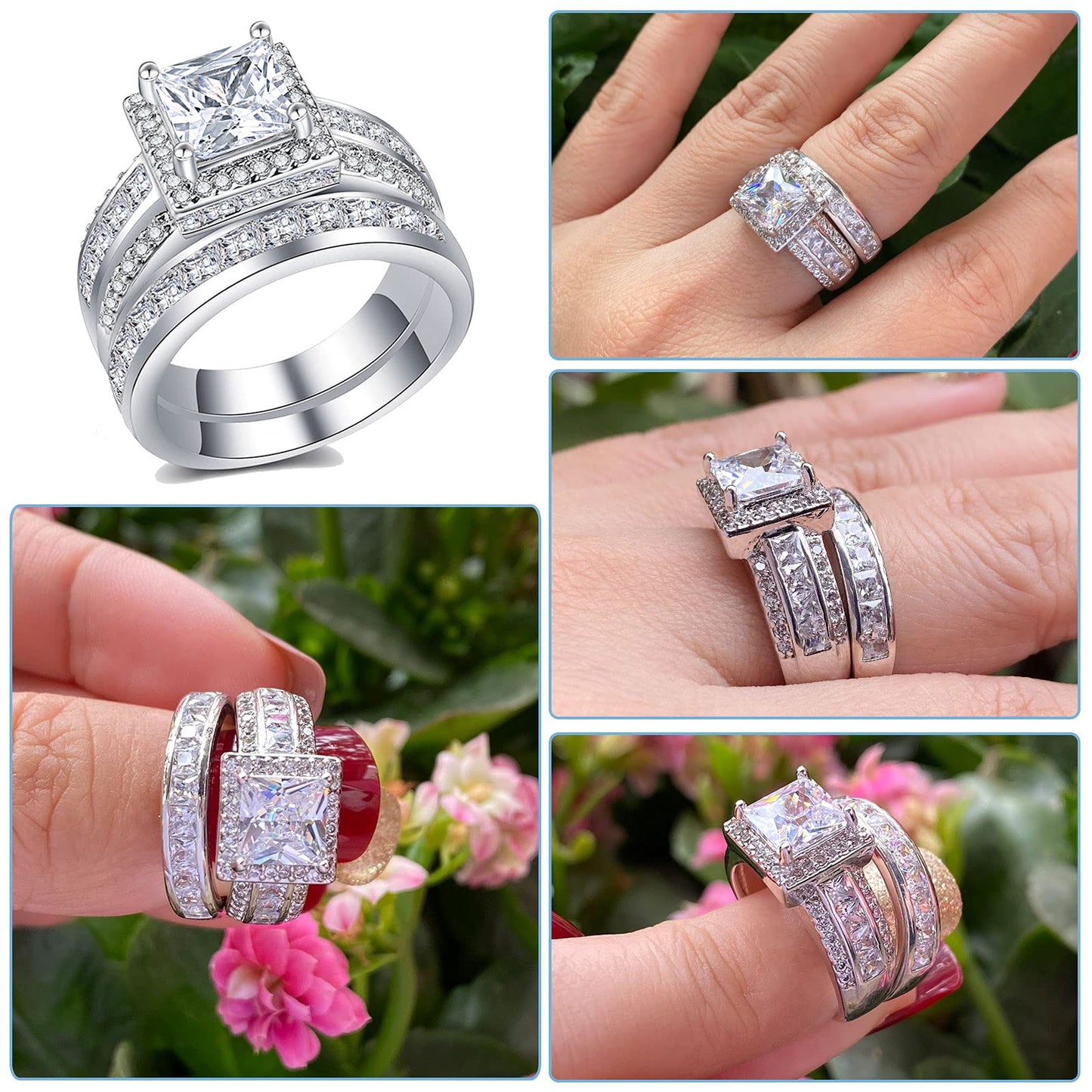 CEJUG 3Ct Wedding Rings for Women Princess Engagement Ring Set Bands 18k White Gold Plated Halo Cz Size 9