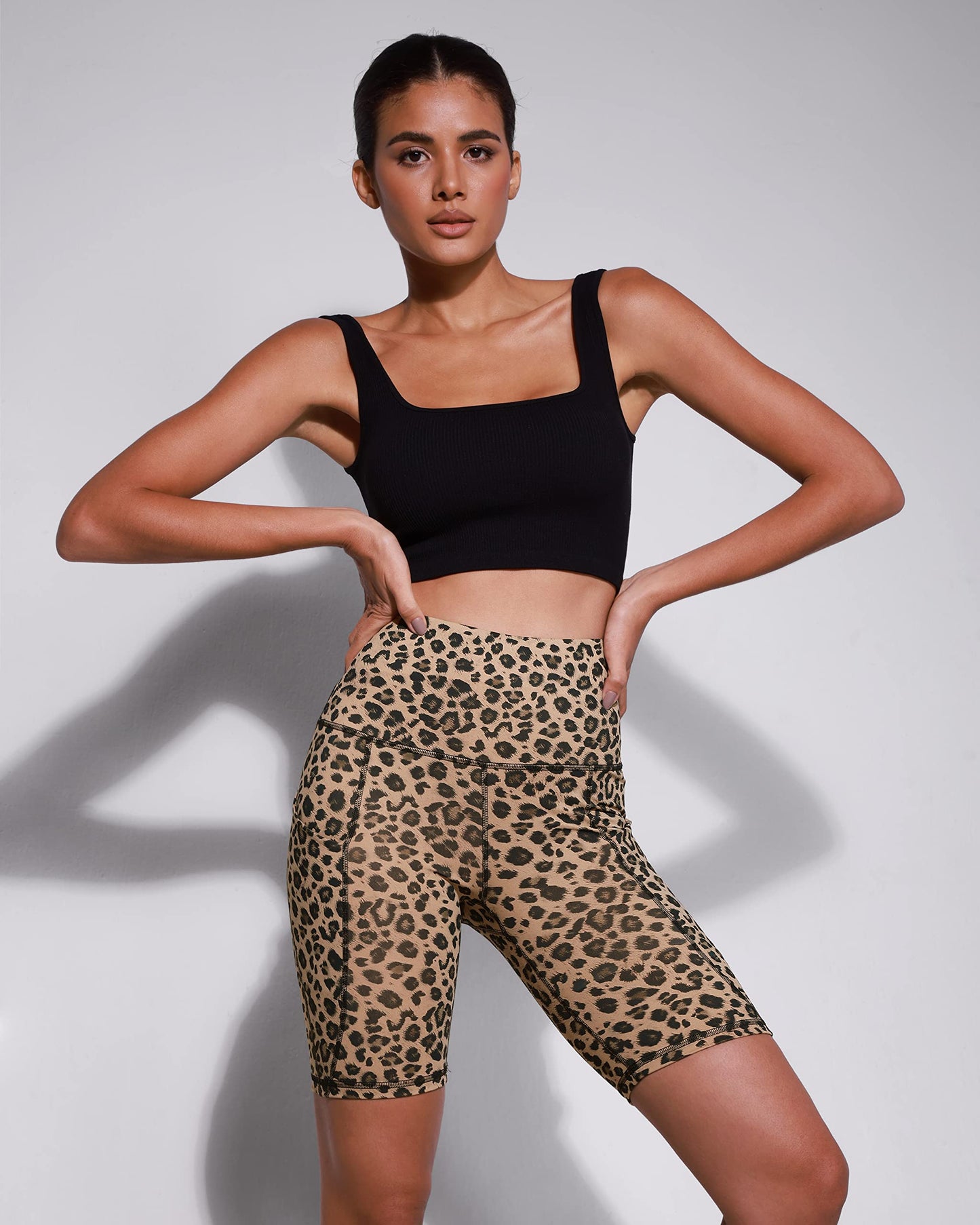 ODODOS 8" Tummy Control Biker Shorts for Women with Pockets High Waist Running Workout Athletic Yoga Shorts, Leopard, Medium