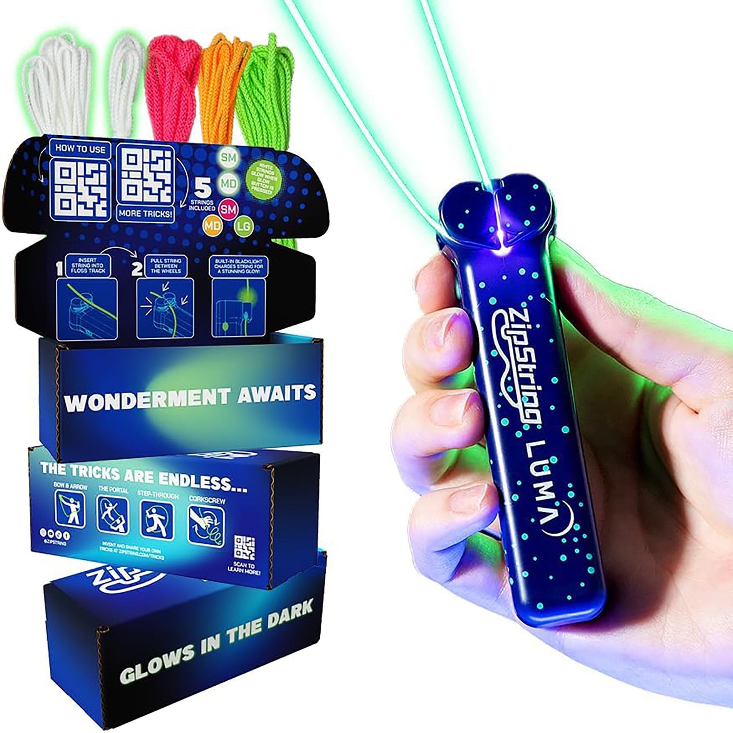 ZipString Luma – Glow in the Dark String Launcher Toy – Viral Outdoor Fidget Toy for Kids & Adults – Cool Rechargeable Toys – Cosmic Green Glow Zip String