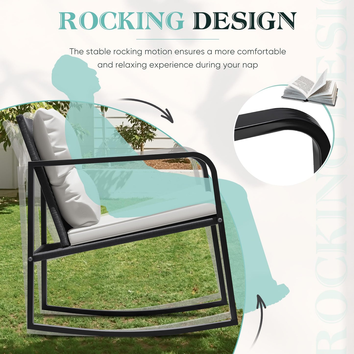 Greesum 3 Pieces Rocking Wicker Bistro Set, Patio Outdoor Furniture Conversation Sets with Porch Chairs and Glass Coffee Table, Beige