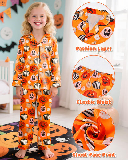 Sylfairy Girls Halloween Pajamas Silk PJS Set Pumpkin Satin Sleepwear Short Sleeve Jammies for Kids Button-Down Nightwear Scary Halloween Pumpkin Costume Size 7 Size 8 Size 7-8