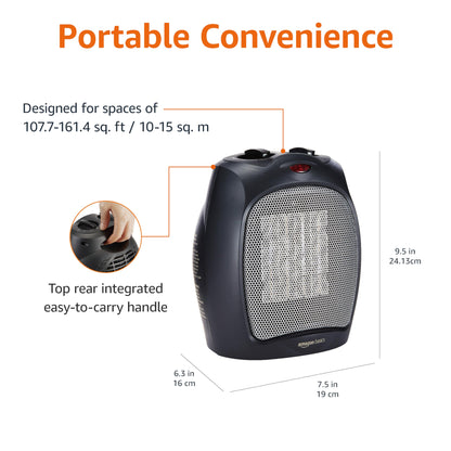 Amazon Basics Ceramic Space Heater, Portable Indoor Heating Solution, With Overheat and Tip-Over Protection, Thermostat, Non-Oscillating, 1500W, 7.52"D x 6.34"W x 9.45"H, Black