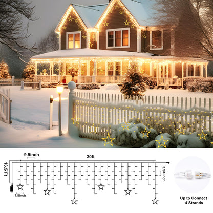 Minetom Icicle Lights Outdoor with Star, 20FT 200 LED Christmas Star Light with 24 Drops,8 Modes, Icicle String Lights with Timer, Waterproof Christmas Light Outdoor, Warm White