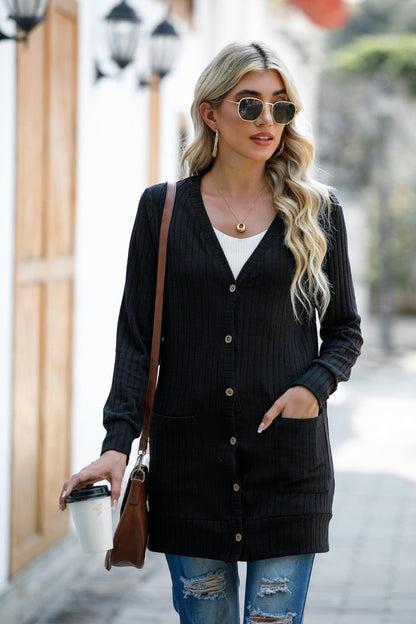 GRECERELLE Womens Cardigan Long Sleeve Open Front Cardigans Button Down V Neck Ribbed Knit Lightweight Outerwear with Pocket (Black, L)